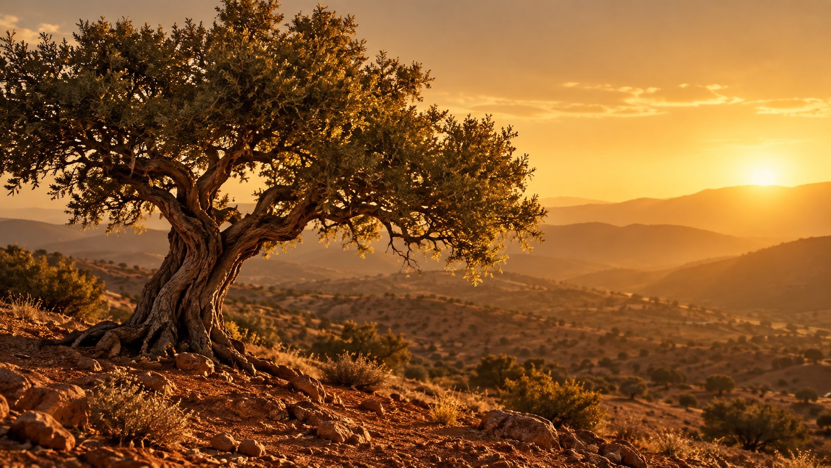 Güney Fas'ta gün batımında yaşlı bir argan ağacı