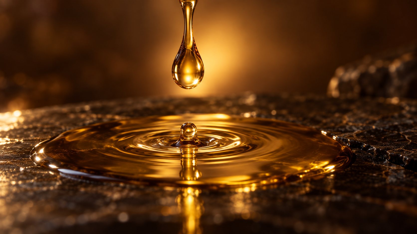 Taş yüzeye düşen altın rengi argan yağı damlası